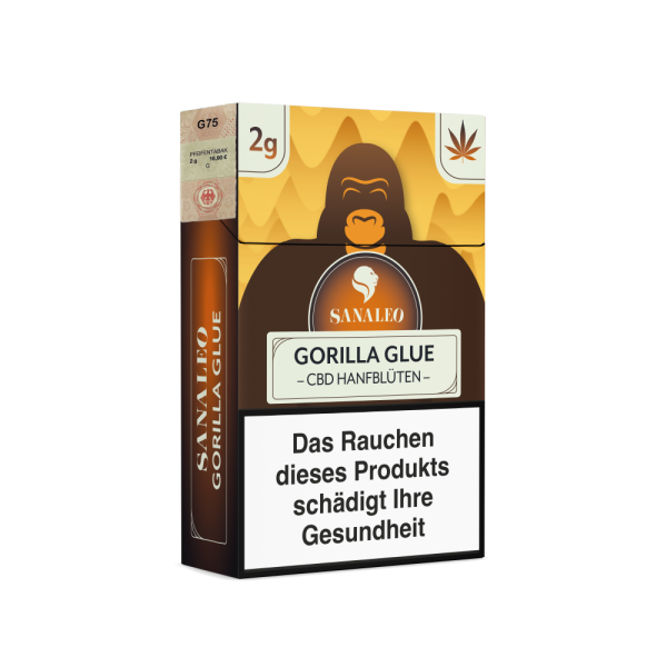 Sanaleo Gorilla Glue CBD-Blüten in der Zigarettenschachtel mit 2 g Inhalt und Steuermarke Emma Trade